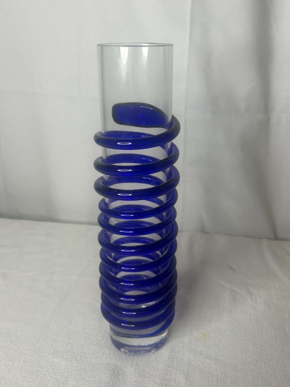 Modernist Art Glass Vase Cold Cut Rim Cobalt Spiral Ribbon MCM 11.5" - Picture 4 of 7